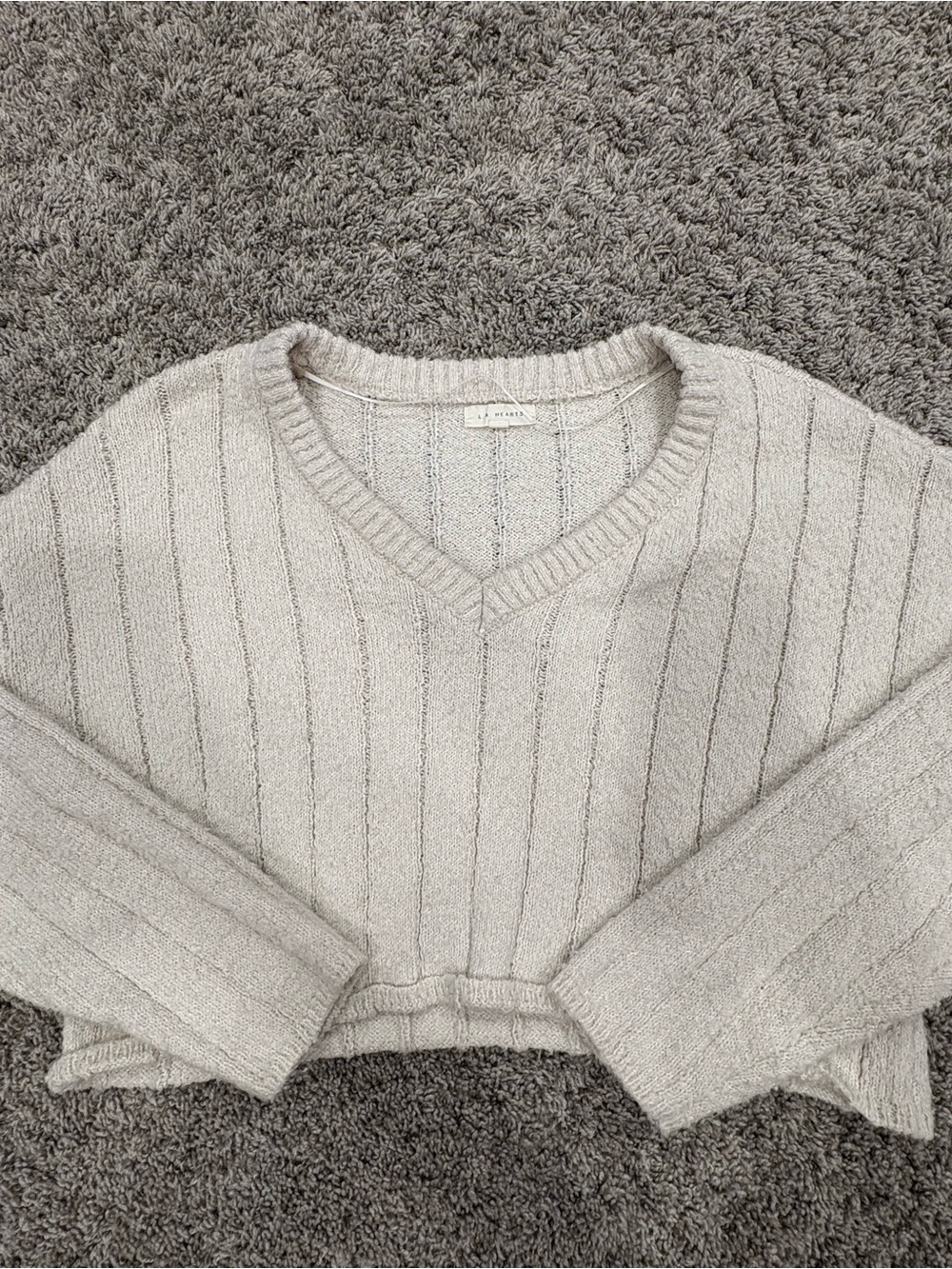 La Hearts Off-the-Shoulder V-Neck Sweater in Light Gray
